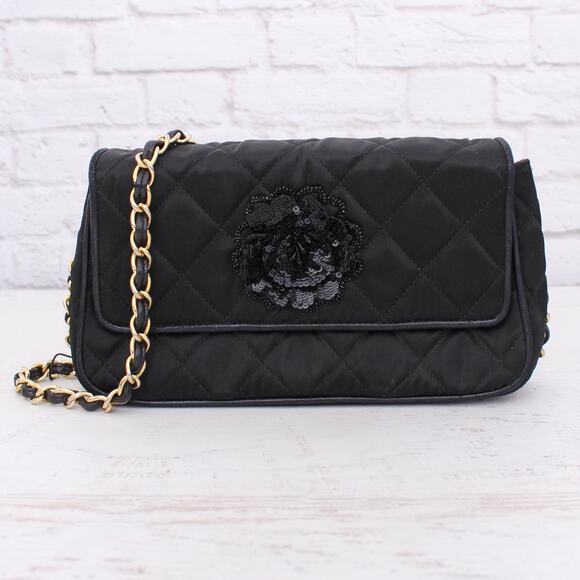 Chanel Single Flap Black Sating Nylon Shoulder Bag Purse Handbag A4838 - Picture 1 of 11